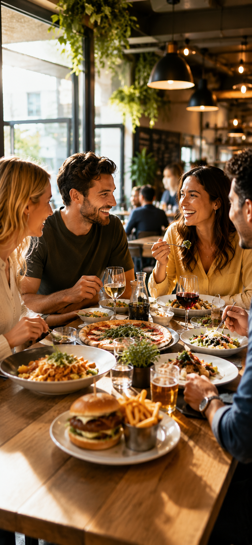 Friends laughing together over a table full of food at a restaurant