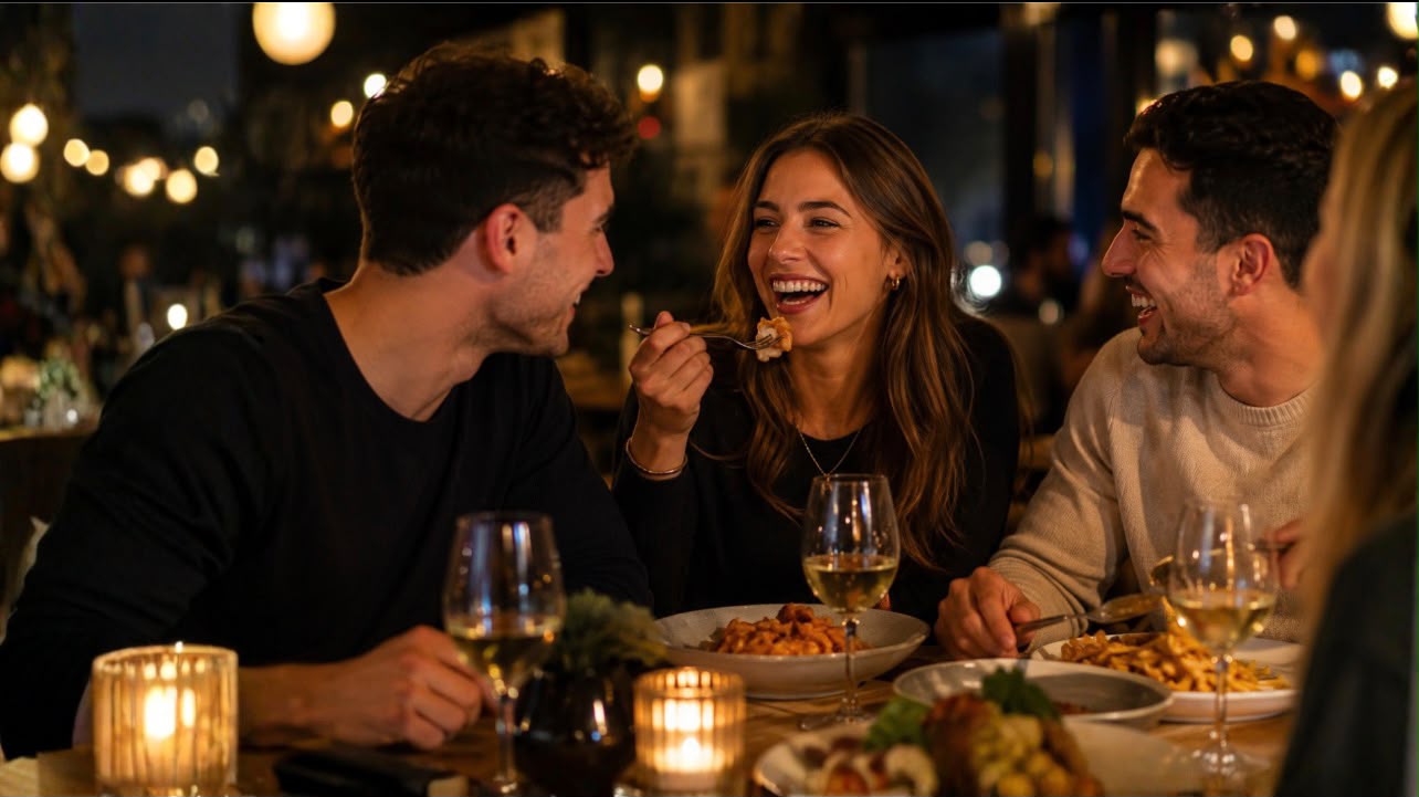 A group of friends laughing together over a candle-lit dinner with wine and shared plates at a restaurant