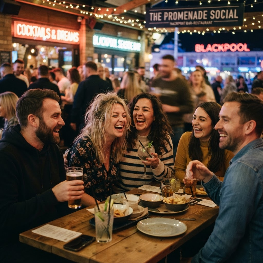 Friends enjoying a lively night out in Blackpool