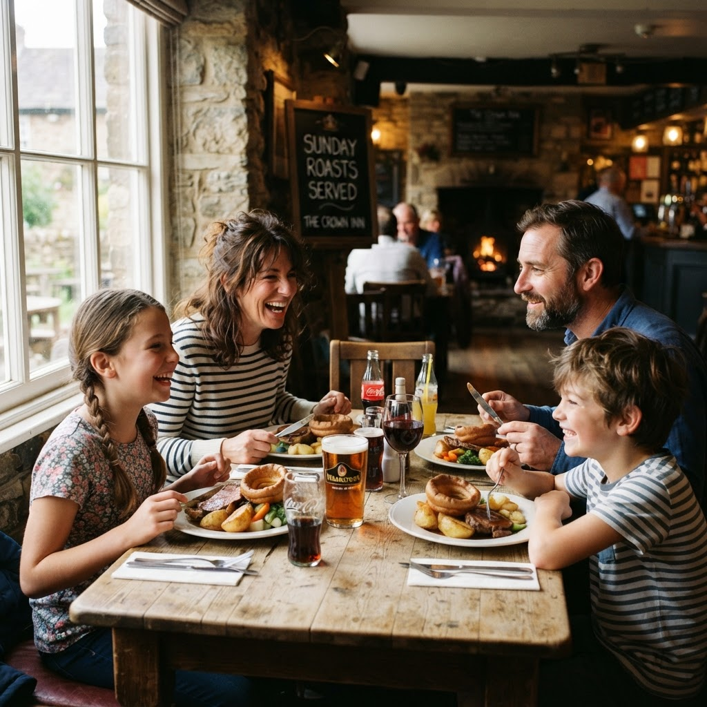 A family enjoying a Sunday roast at a local pub